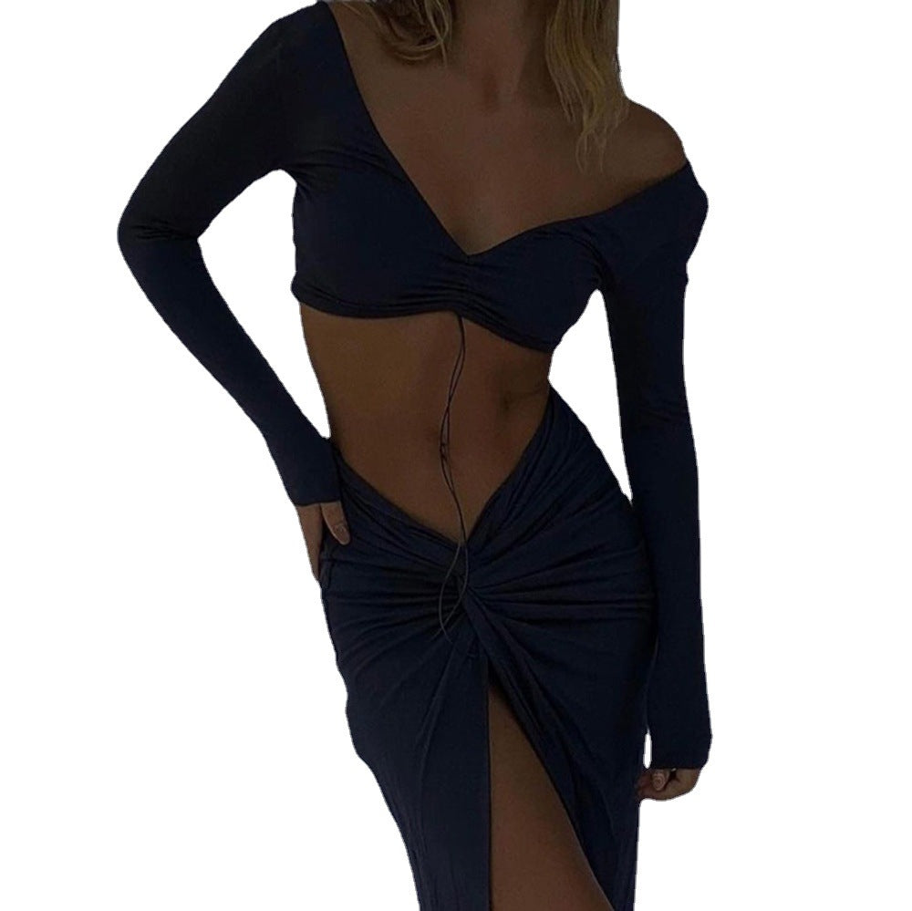 Navel Tie Slit Skirt Set in Trendy Style