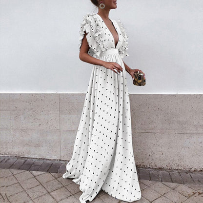 Women's Polka-Dot V-Neck Backless Long Dress