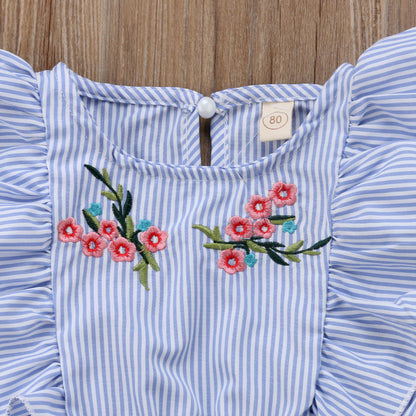 Toddler Girls Flower Stripe Ruffle Romper Jumpsuit