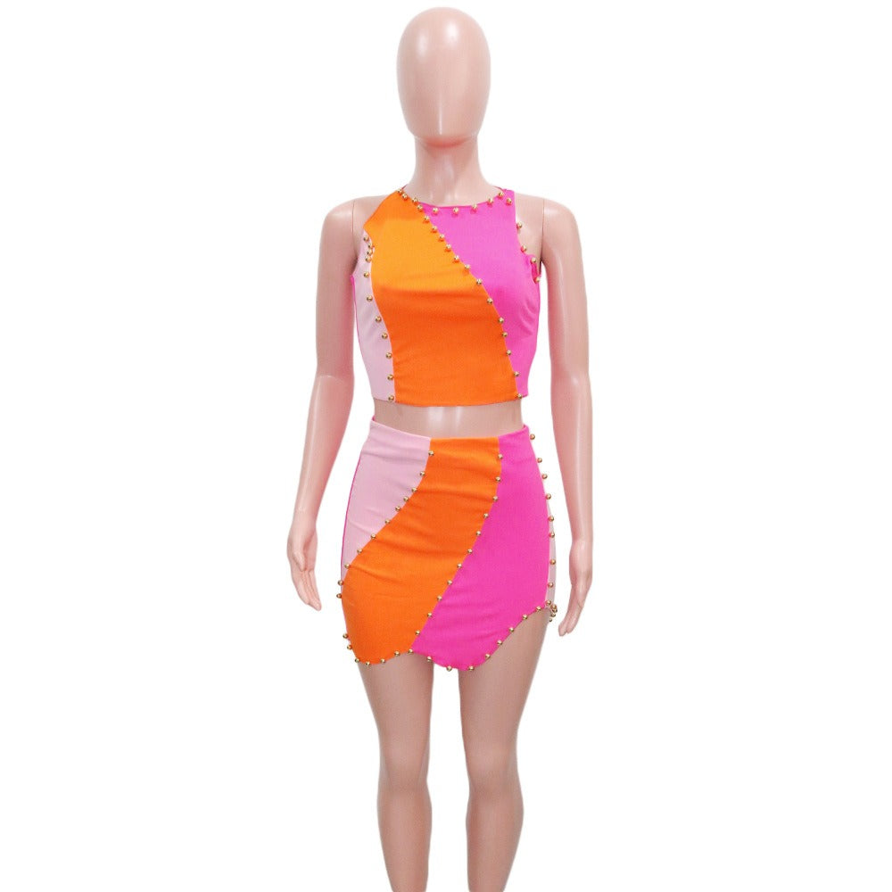 2pcs Women's Elegant Beaded Sleeveless Skirt Suit