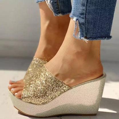 Women's Summer Sequined Fish Mouth Flat Wedge Sandals