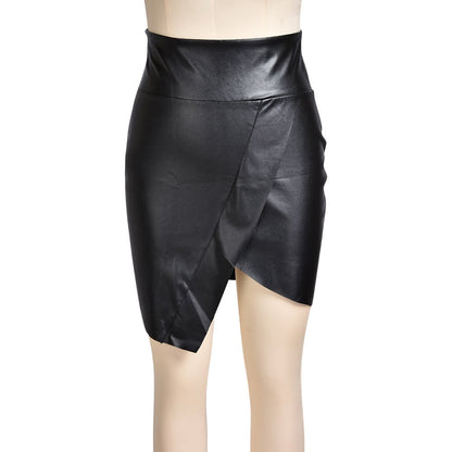 Irregular Slit Black Leather Skirt - European & American Style