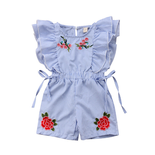 Toddler Girls Flower Stripe Ruffle Romper Jumpsuit