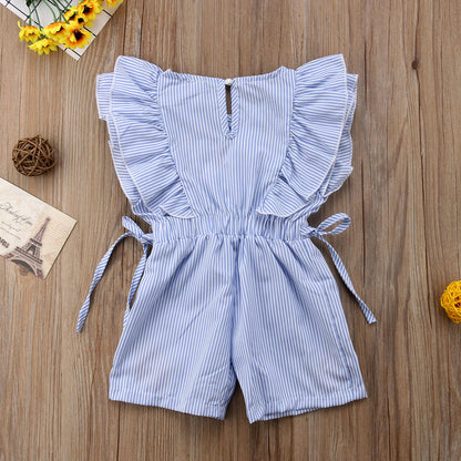 Toddler Girls Flower Stripe Ruffle Romper Jumpsuit