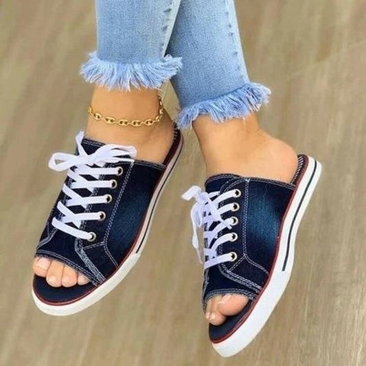 Fish Mouth Denim Canvas Lace-Up Casual Sandals